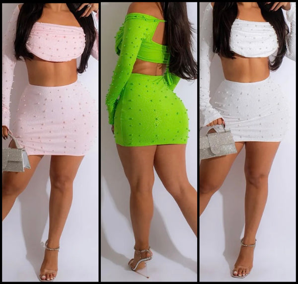 Women Sexy Bling Pearl Full Sleeve Two Piece Skirt Set