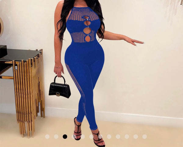 Women Solid Color Sleeveless Mesh Patchwork Sexy Jumpsuit