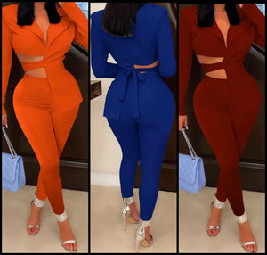 Women Sexy Cut Out Blazer Two Piece Pant Set