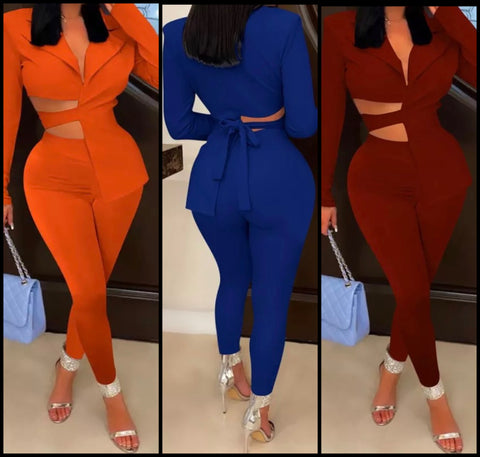 Women Sexy Cut Out Blazer Two Piece Pant Set