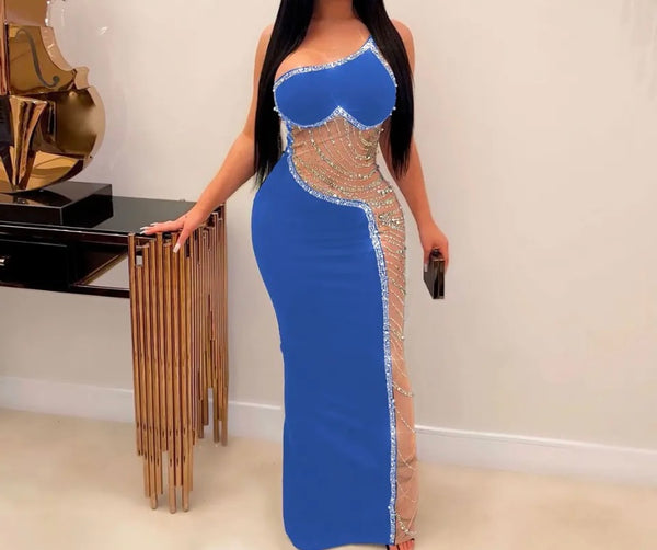 Women Sexy Sleeveless One Shoulder Bling Mesh Patchwork Maxi Dress