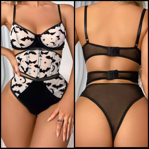 Women Sexy Fashion Mesh Bat Print Lingerie Set