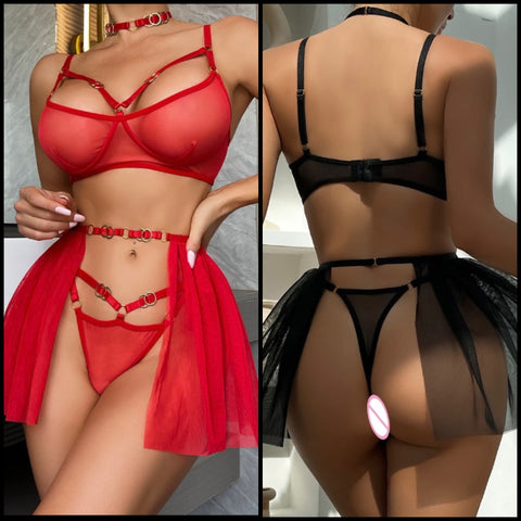 Women Sexy Mesh Solid Color Lingerie Set