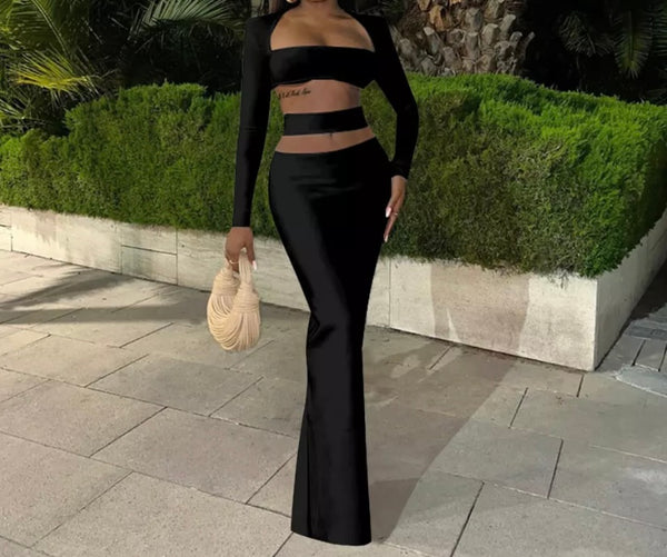 Women Sexy Two Piece Cut Out Full Sleeve Maxi Skirt Set