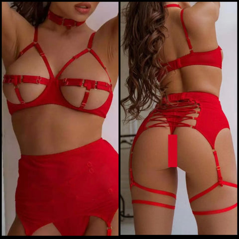 Women Red Sexy Hollow Out Mesh Lingerie Set