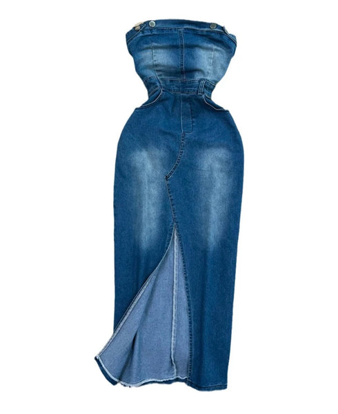 Women Strapless Front Slit Sexy Denim Maxi Dress