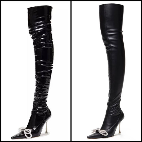 Women Faux Leather/PU Bling Bow Over The Knee Boots