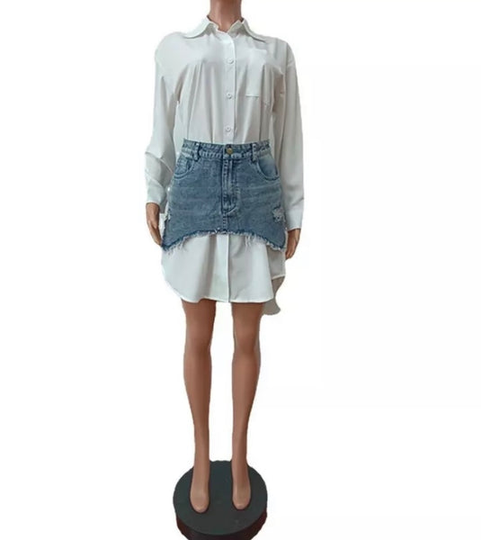 Women Fashion Full Sleeve Button Up Denim Patchwork Shirt Dress