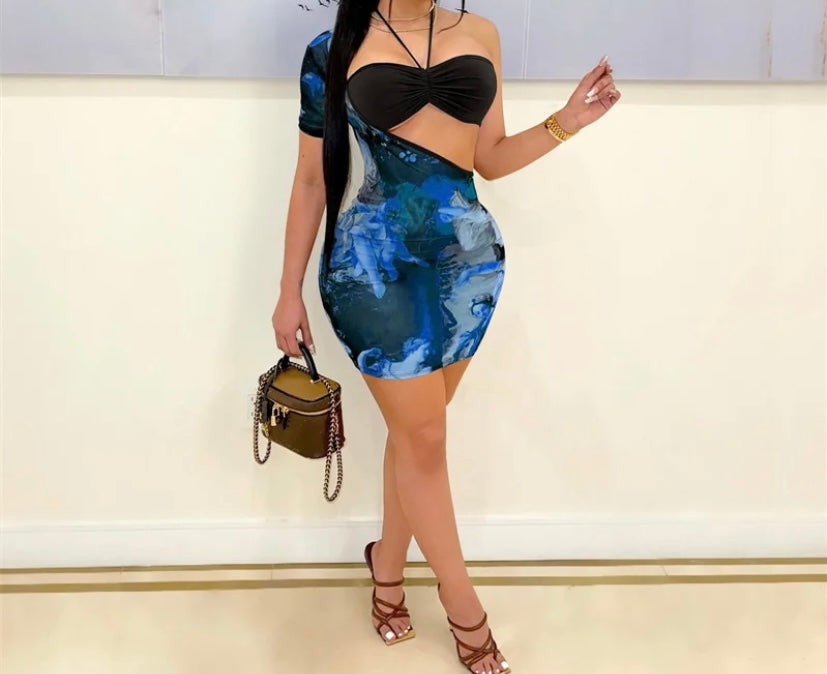 Women Sexy Halter One Shoulder Printed Two Piece Dress
