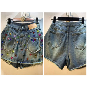 Women Crystal Fashion Denim Wrap Shorts