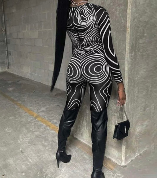 Women Fashion Black And White Printed Full Sleeve Jumpsuit