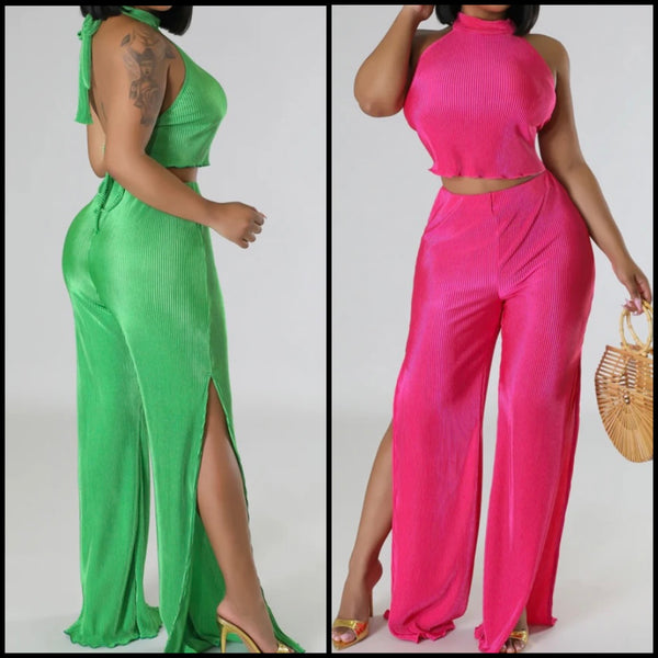 Women Sexy Sleeveless Tie Up Back Two Piece Side Slit Pant Set