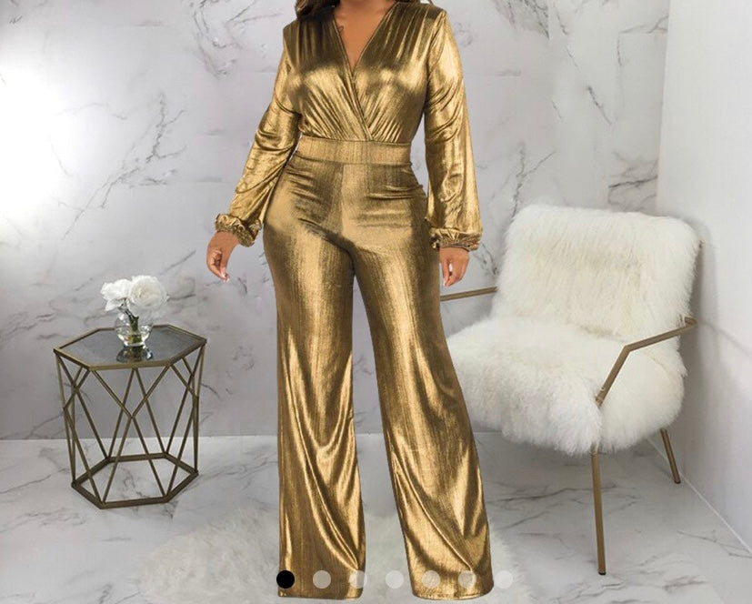 Women Sexy Metallic Full Sleeve V-Neck Jumpsuit