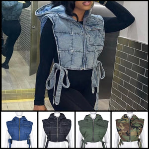 Women Fashion Hooded Tie Up Puff Vest