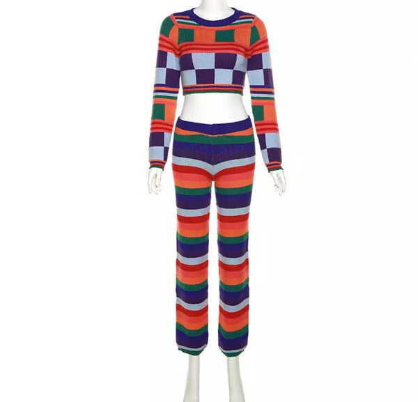Women Multicolored Full Sleeve Crop Two Piece Pant Set
