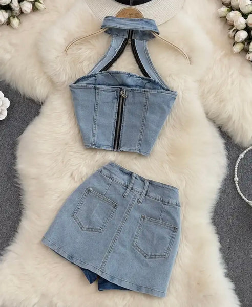 Women Halter Zipper Denim Two Piece Skirt Set