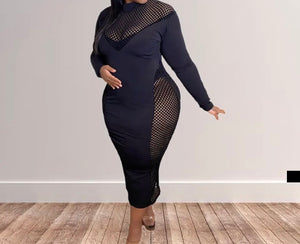 Women Sexy Full Sleeve Black Mesh Patchwork Maxi Dress