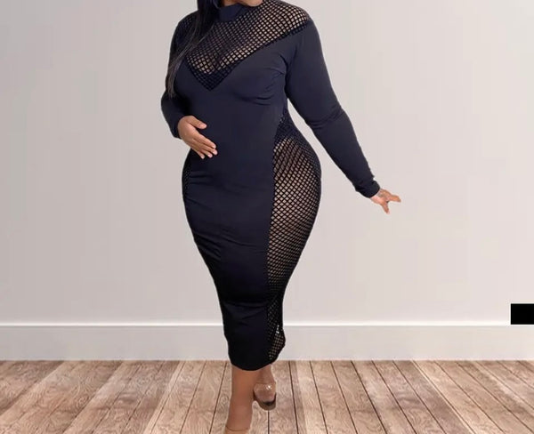 Women Sexy Full Sleeve Black Mesh Patchwork Maxi Dress