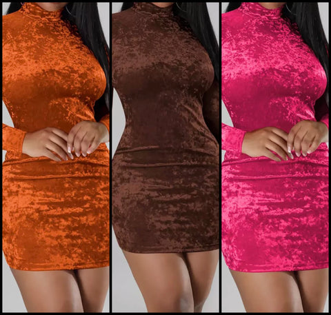 Women Sexy Velour Full Sleeve Turtleneck Dress