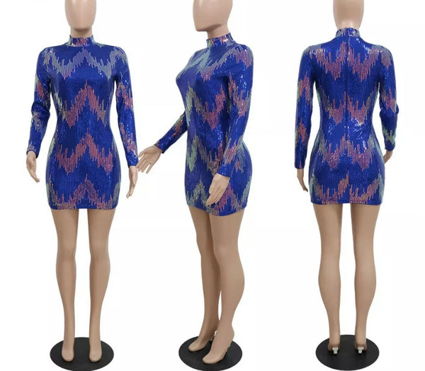 Women Sexy Blue Sequins Full Sleeve Dress