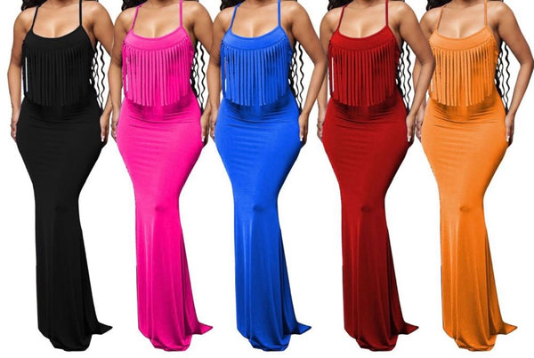 Women Sexy Spaghetti Strap Tassel Solid Color Maxi Dress