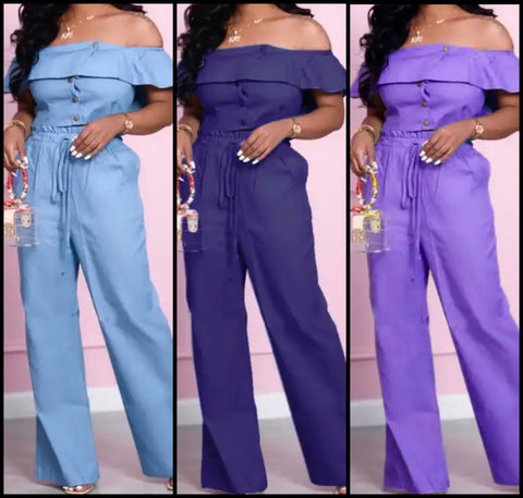 Women Ruffled Off The Shoulder Two Piece Pant Set