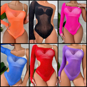 Women Sexy One Shoulder Cut Out Bling Fishnet Bodysuit Top