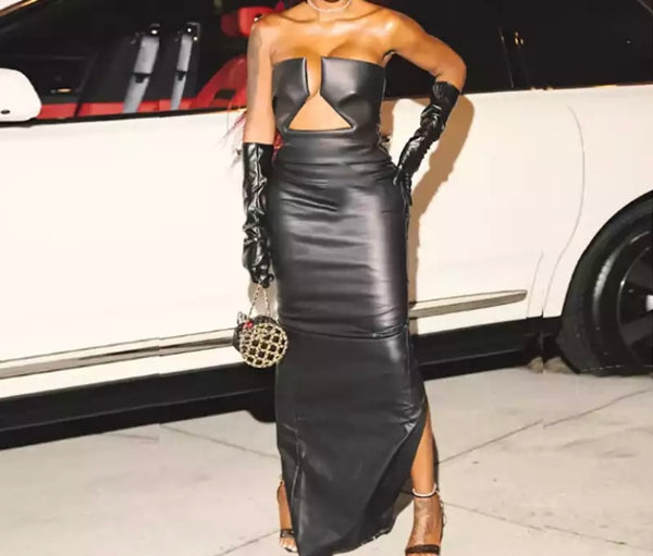 Women Sexy Black PU Strapless Maxi Dress