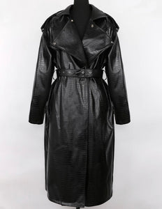 Women Belted Faux Leather Fashion Trench Jacket