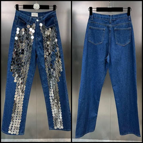 Women Fashion Silver Sequins Patchwork Denim Pants