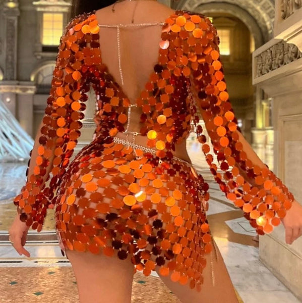 Women Sexy Orange Mirror Full Sleeve Chain Two Piece Skirt Set