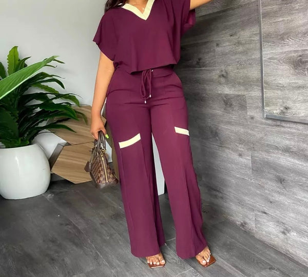 Women Short Sleeve Color-Block Fashion Two Piece Pant Set