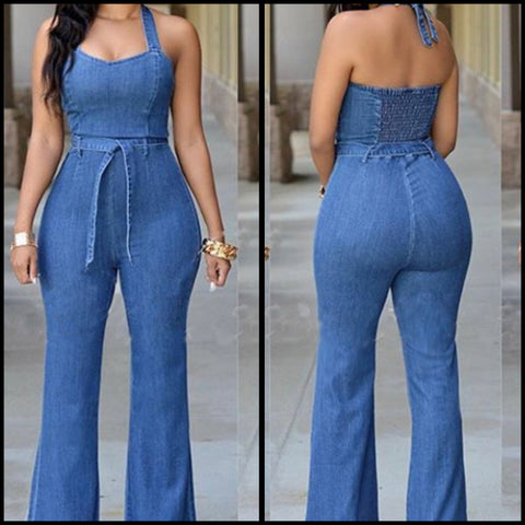 Women Sexy Halter Denim Jumpsuit