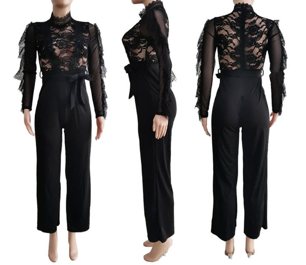 Women Sexy Lace Ruffled Solid Color Jumpsuit