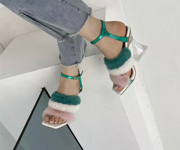 Women Fashion Colorful Faux Fur Clear Heel Sandals