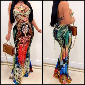 Women Sleeveless Multicolored Print Cut Out Maxi Dress