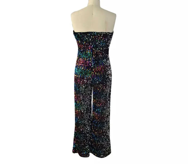 Women Sexy Strapless Sequins Wide Leg Jumpsuit