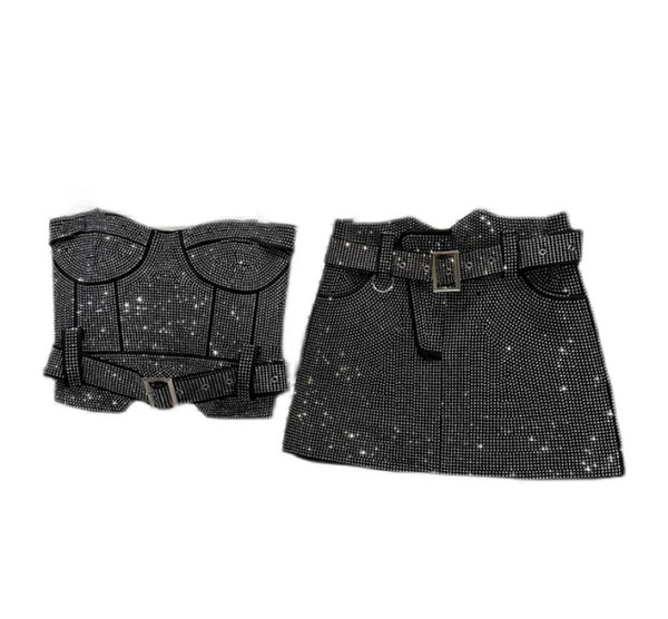 Women Strapless Sexy Bling Belted Two Piece Skirt Set