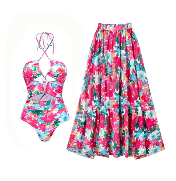 Women Sexy Pink Floral Swimsuit Cover Up Set