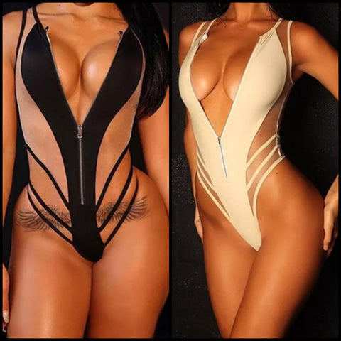 Women Sexy Sleeveless Mesh Patchwork Front Zipper Bodysuit Top