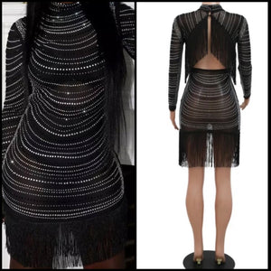 Women Sexy Backless Tassel Mesh Bling Dress