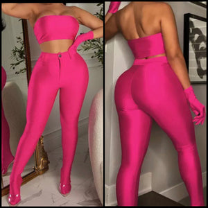 Women Pink Sexy Strapless Glove Two Piece Feet In Pant Set