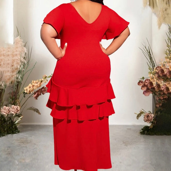 Women Sexy Short Sleeve Front Slit Ruffled Maxi Dress