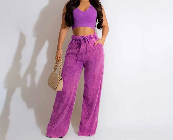 Women Sleeveless Crop Fashion Two Piece Drawstring Pant Set