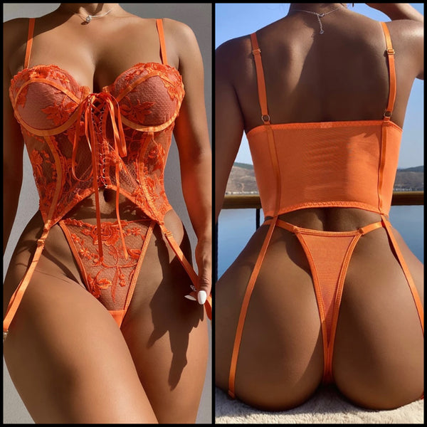 Women Orange Sexy Lace Up Floral Mesh Thong Lingerie Set