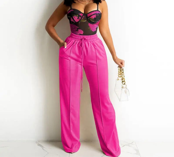 Women Sexy Printed Mesh Two Piece Drawstring Pant Set