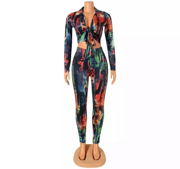 Women Sexy Multicolored Two Piece Long Sleeve Pant Set