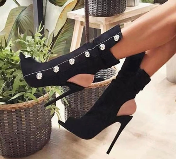 Women Open Toe Suede High Heel Ankle Boots