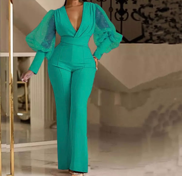 Women Sexy V-Neck Mesh Patchwork Full Sleeve Jumpsuit