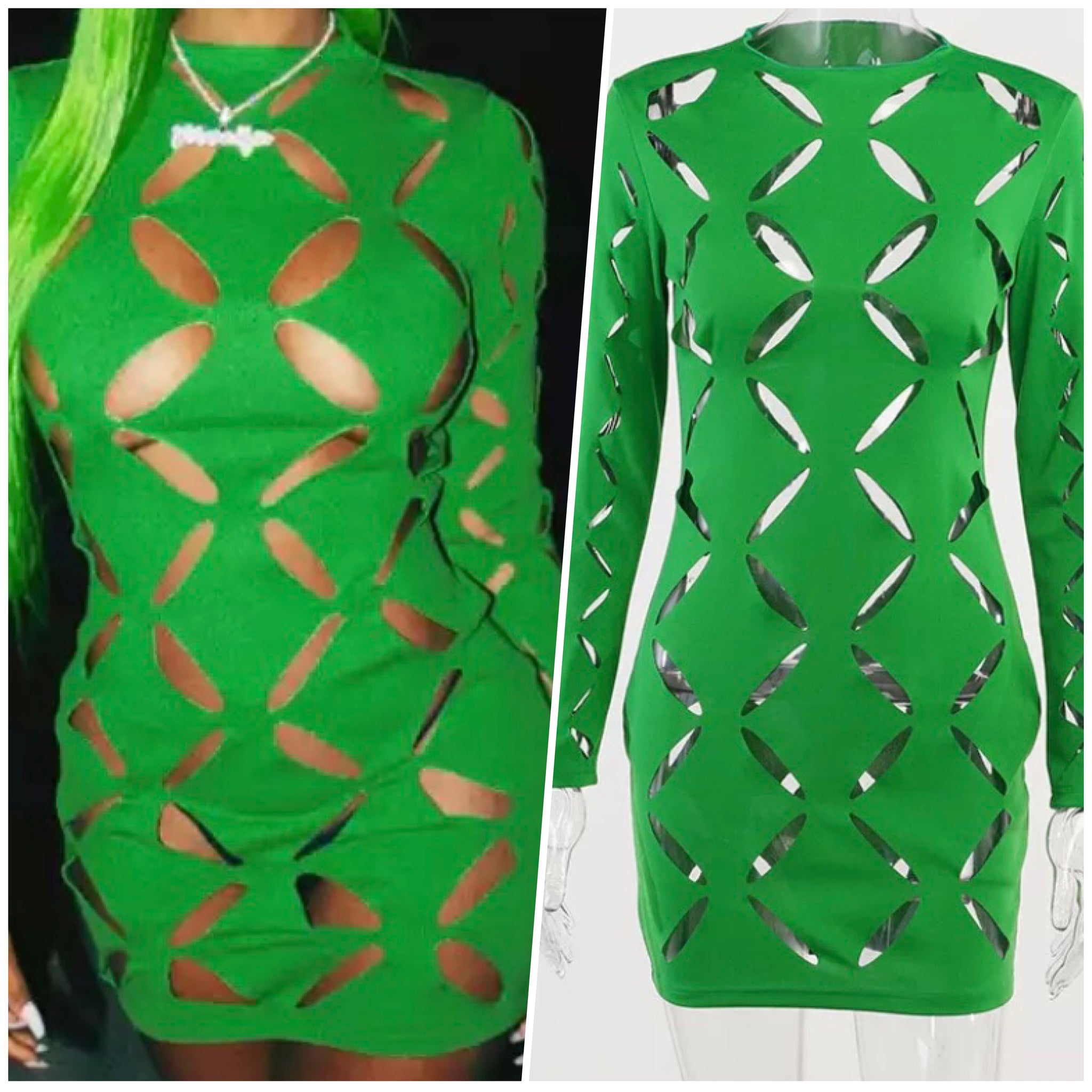 Women Sexy Green Hollow Out Long Sleeve Dress